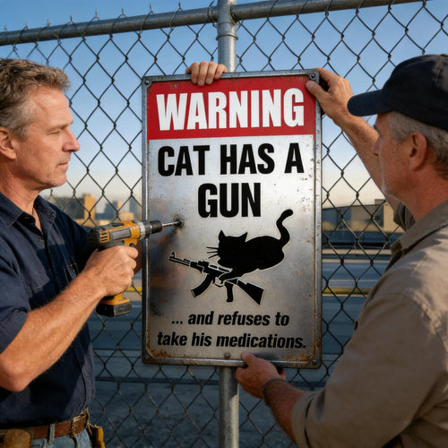 😻Funny "Cat & Dog Has a Gun & Won't Take Meds" Aluminum Sign