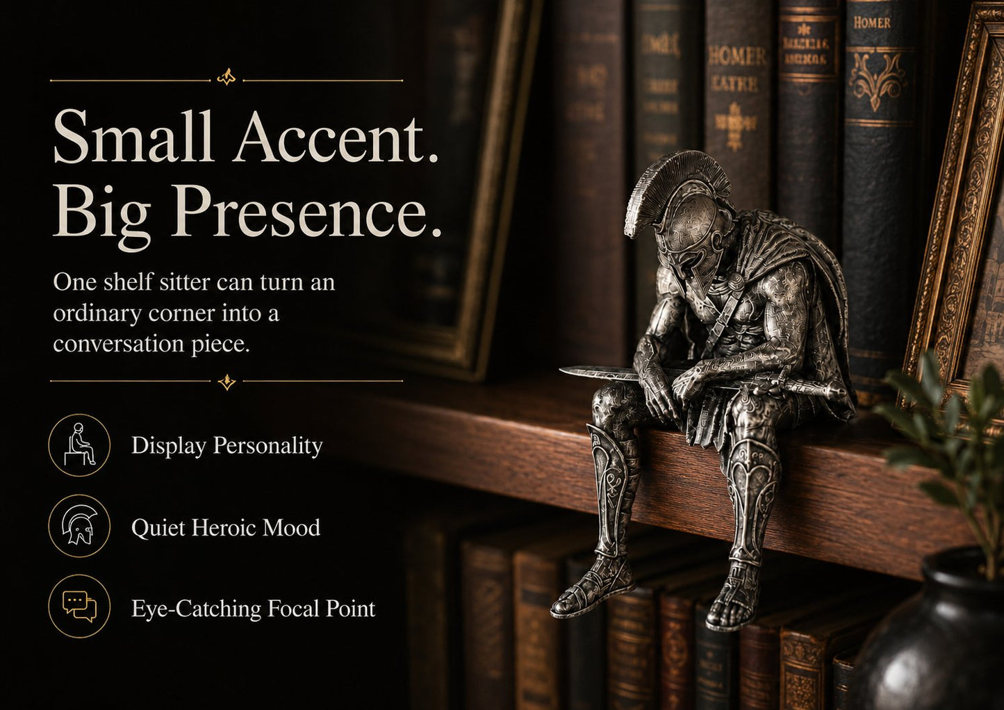 ⚔️ Ancient Greek Warrior Shelf Sitter – Unique Bookshelf Decor