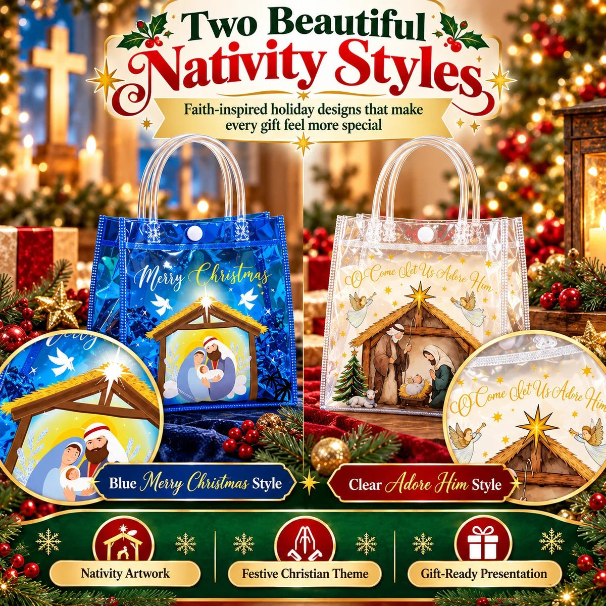 🎄✝️ Christmas Nativity Gift Bags – Reusable Christian Treat Bags with Handles