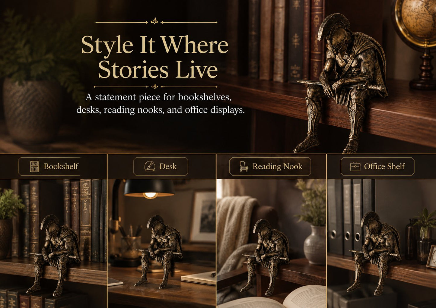 ⚔️ Ancient Greek Warrior Shelf Sitter – Unique Bookshelf Decor