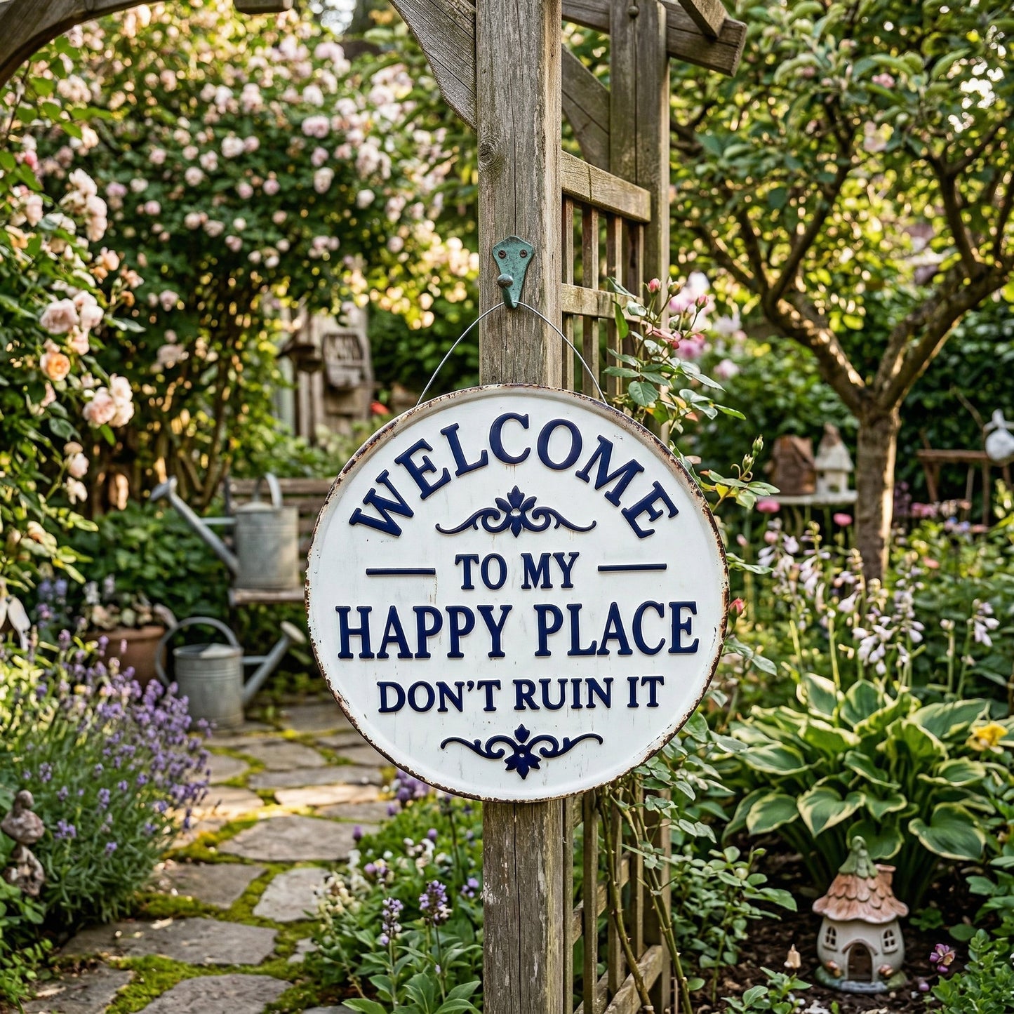 😂Vintage Round Metal Sign – “Welcome to My Happy Place Don’t Ruin It” Garden Wall Decor