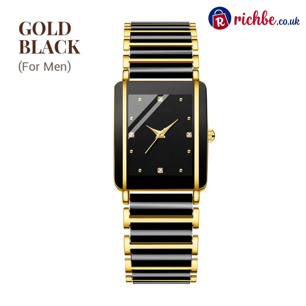 ⌚ Elegant Ceramic Band Watch, 3ATM Water Resistant Quartz Gift Box Included - For Men / Gold-Black - Other