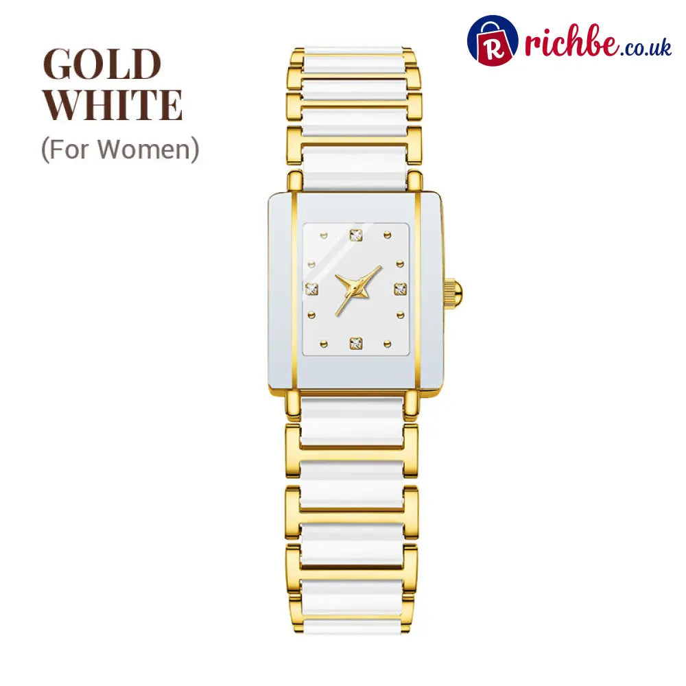 ⌚ Elegant Ceramic Band Watch, 3ATM Water Resistant Quartz Gift Box Included - For Women / Gold-White - Other