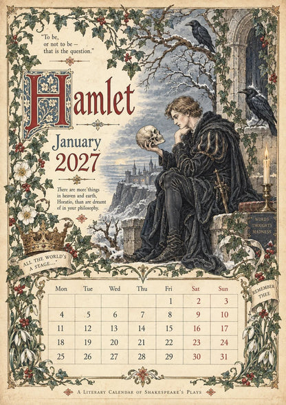🎁A Shakespearean Year 2027 – 12 Plays Through the Seasons | Vintage Illustrated Wall Calendar