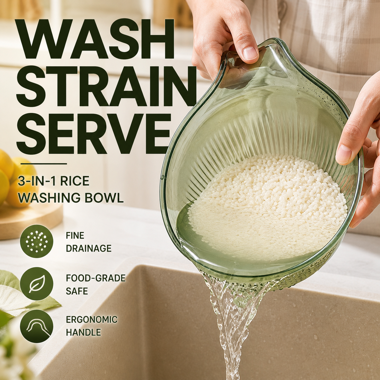🍚 Wash Rice Without Losing a Grain – Fine Mesh Colander Bowl with Handle. UK Stock
