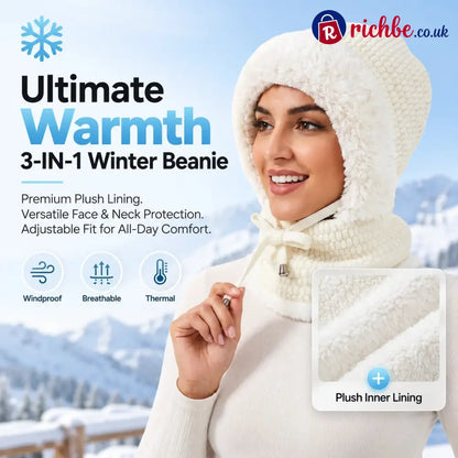💗Hot Selling💥Ultimate Warmth 3-in-1 Winter Beanie - White