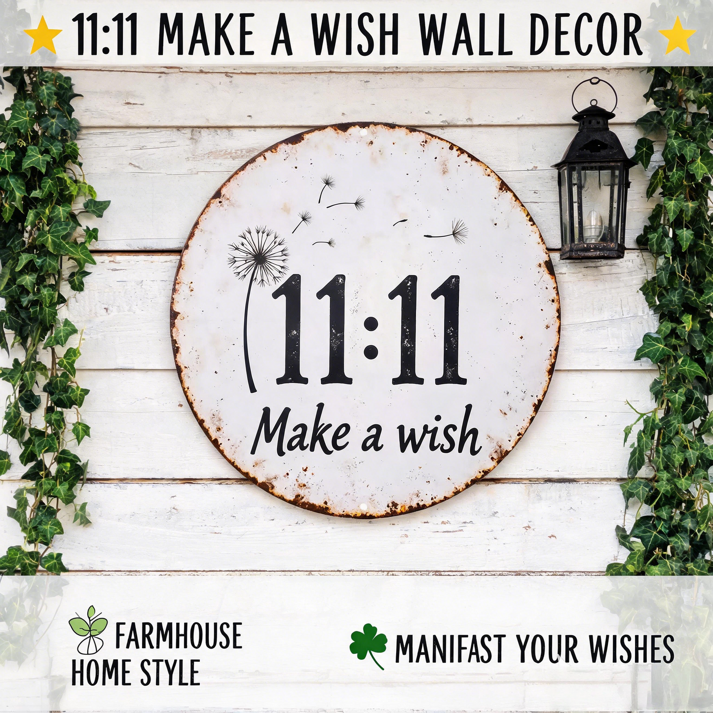 🔥Circular Rustic Metal Sign with Dandelion 11:11 Make a Wish Design