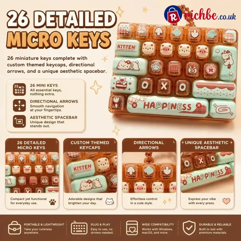 ⏳ Last Day 49% OFF – ⌨️ Mini 26-Key Mechanical Keyboard Fidget Keychain | Satisfying Clicks Kawaii Cat Design &