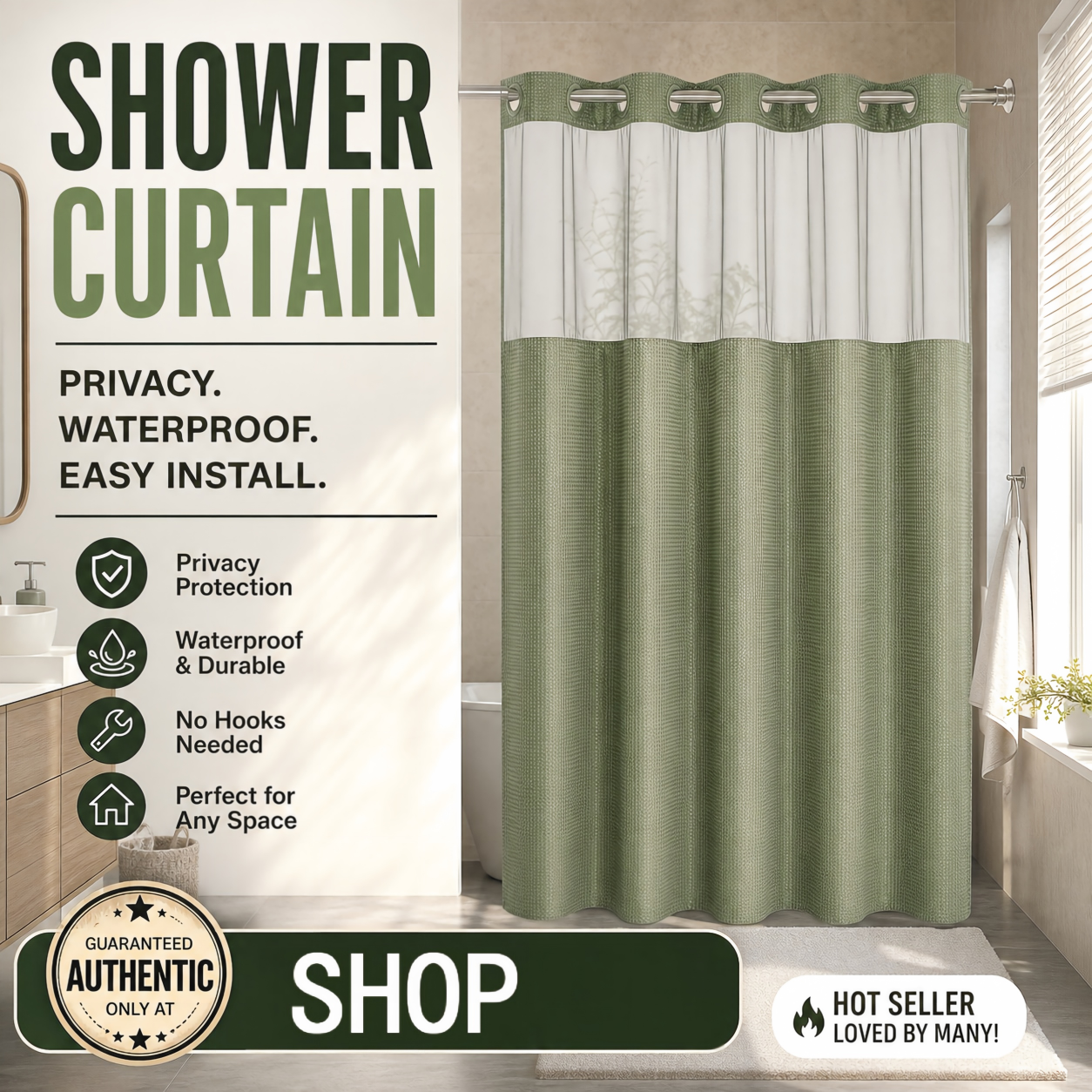 🛁✨50% OFF! 🚿🪟 Finally, a shower curtain that actually keeps water IN — no hooks, no leaks, waffle texture, bright & private. Over 12,658 bathrooms upgraded! ✨