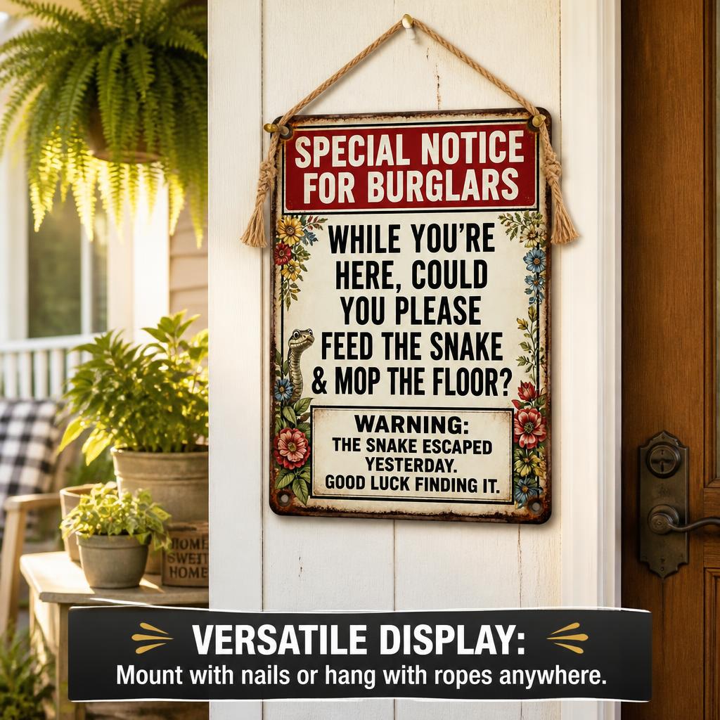 ✈️ Vacation Ready? Funny Snake Metal Sign — Psychological Burglar Deterrent for Porch & Yard 🔒