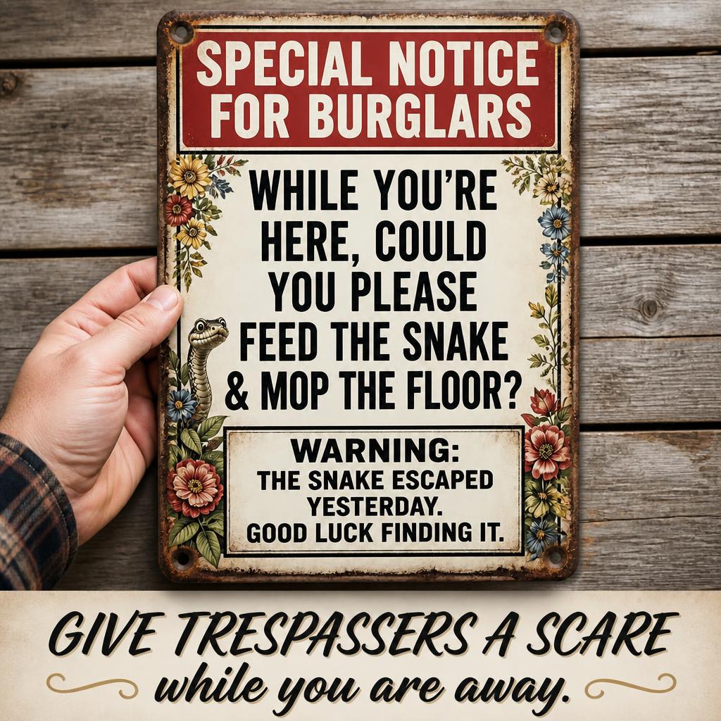 ✈️ Vacation Ready? Funny Snake Metal Sign — Psychological Burglar Deterrent for Porch & Yard 🔒