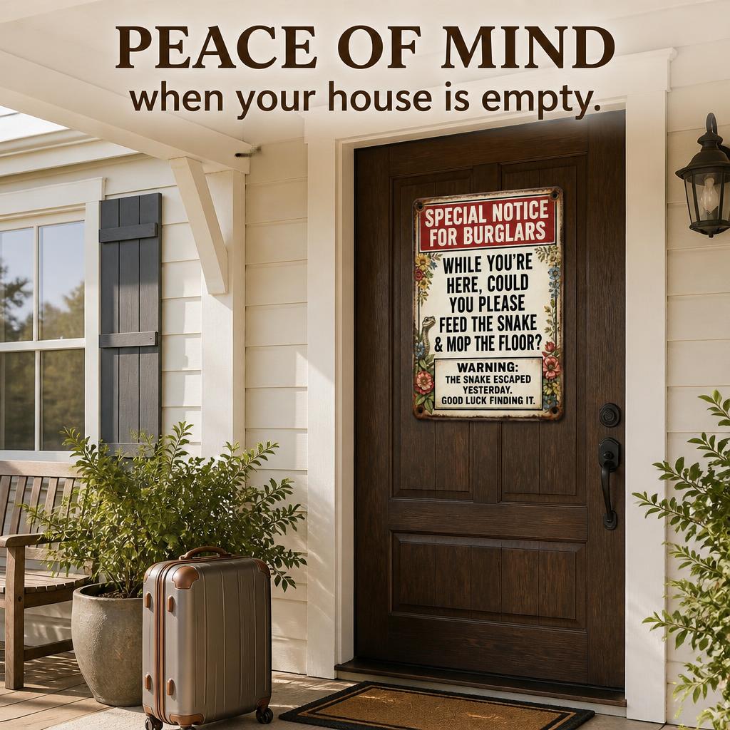 ✈️ Vacation Ready? Funny Snake Metal Sign — Psychological Burglar Deterrent for Porch & Yard 🔒