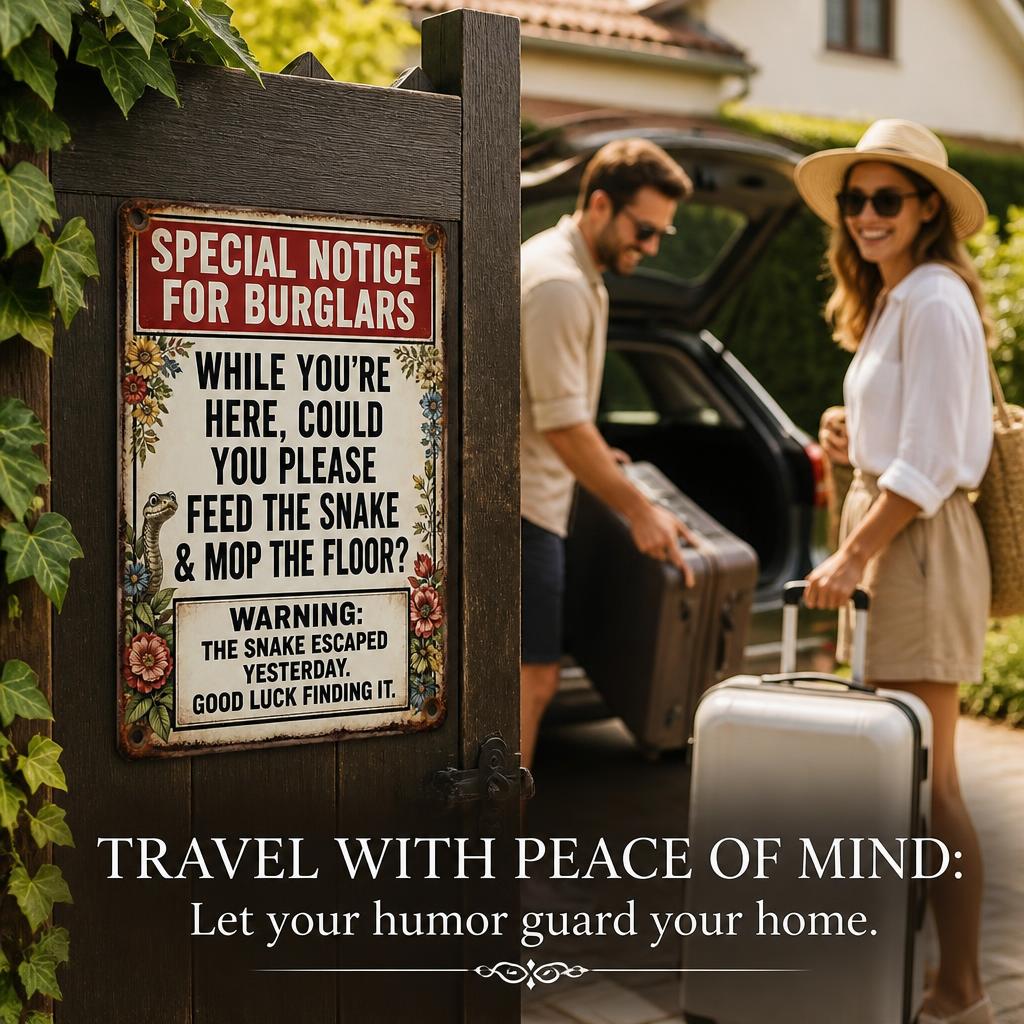 ✈️ Vacation Ready? Funny Snake Metal Sign — Psychological Burglar Deterrent for Porch & Yard 🔒