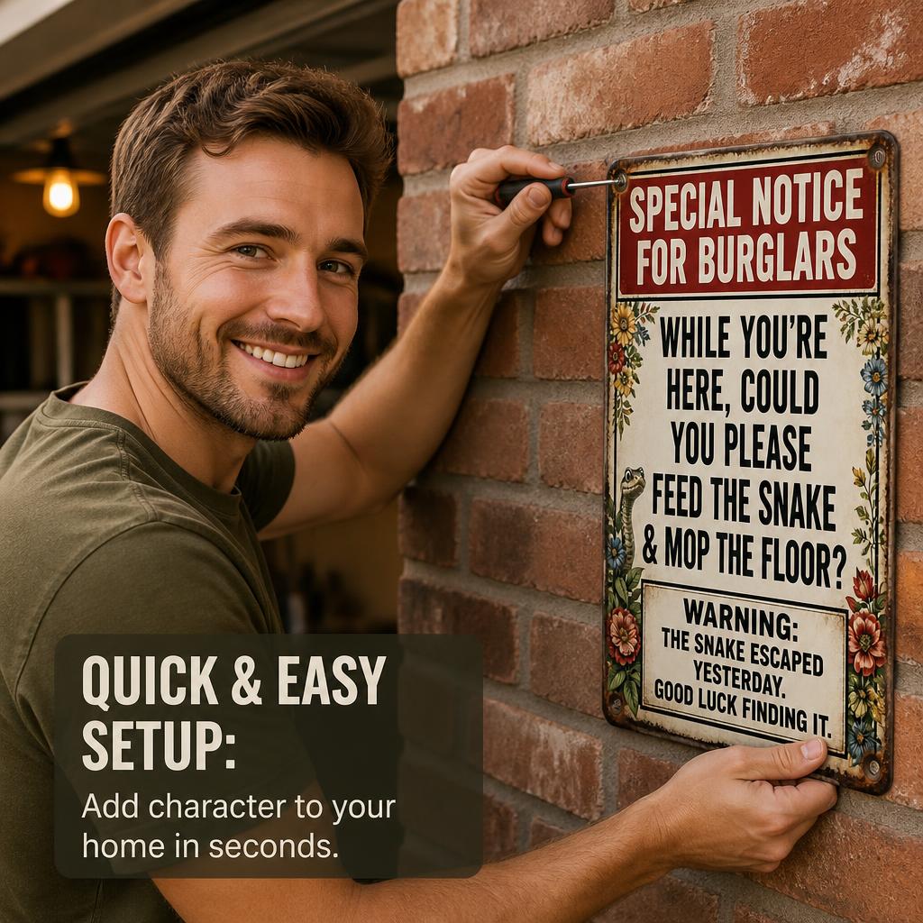 ✈️ Vacation Ready? Funny Snake Metal Sign — Psychological Burglar Deterrent for Porch & Yard 🔒