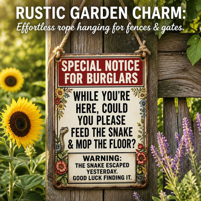 ✈️ Vacation Ready? Funny Snake Metal Sign — Psychological Burglar Deterrent for Porch & Yard 🔒