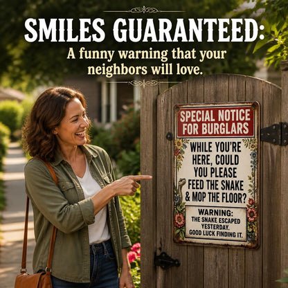 ✈️ Vacation Ready? Funny Snake Metal Sign — Psychological Burglar Deterrent for Porch & Yard 🔒