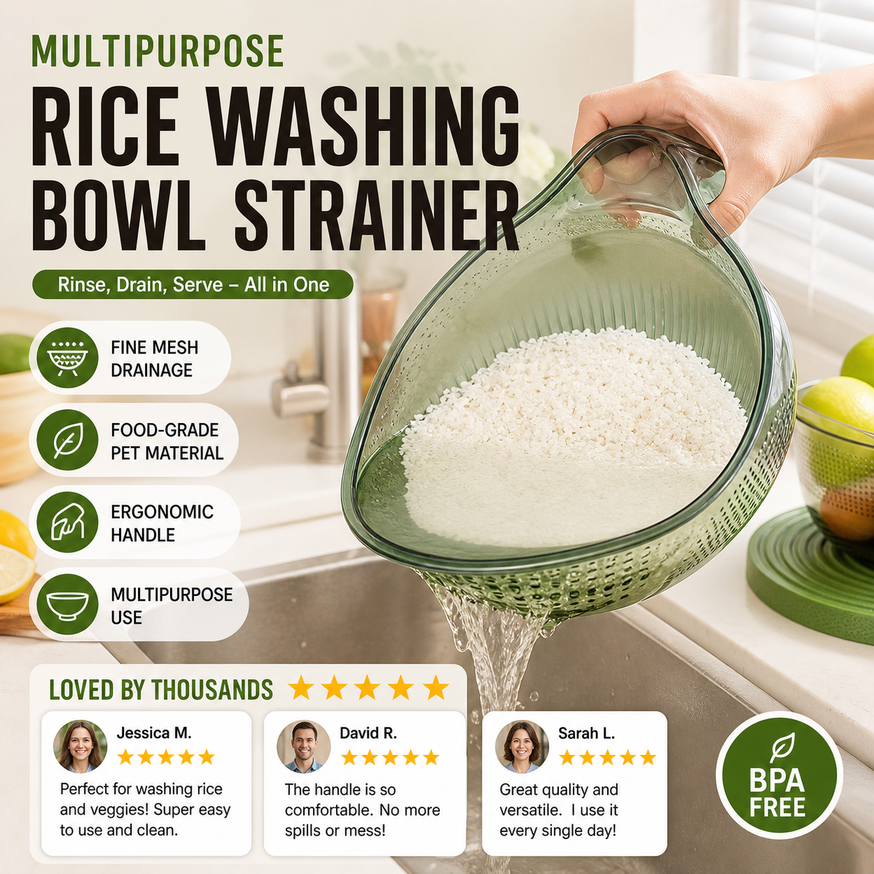 🍚 Wash Rice Without Losing a Grain – Fine Mesh Colander Bowl with Handle. UK Stock