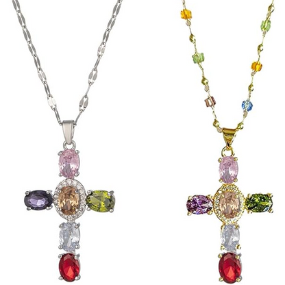 ✝️Colorful Rhinestone Cross Pendant Necklaces
