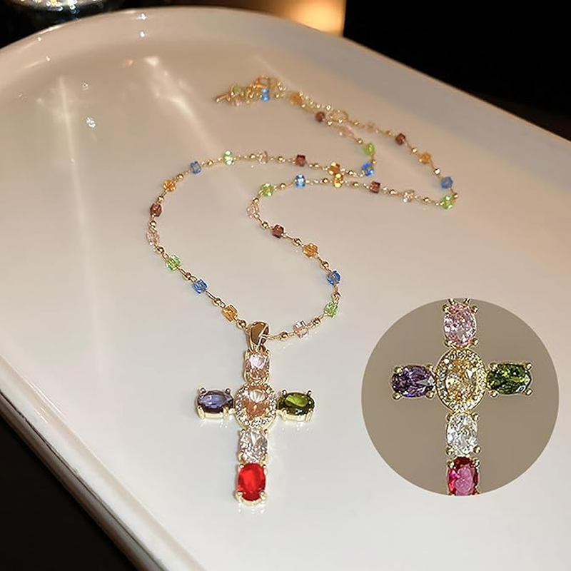 ✝️Colorful Rhinestone Cross Pendant Necklaces