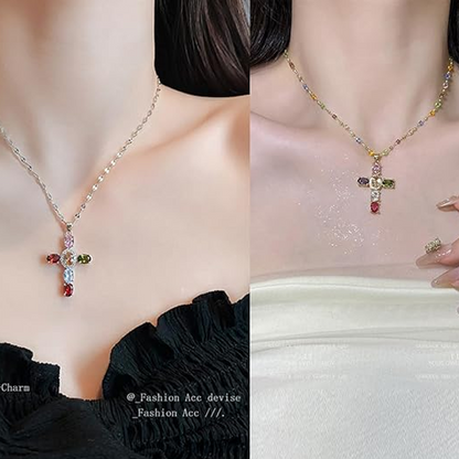 ✝️Colorful Rhinestone Cross Pendant Necklaces