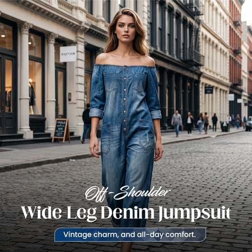 📢📢40% OFF !! ⏰Off-Shoulder Wide-Leg Denim Jumpsuit