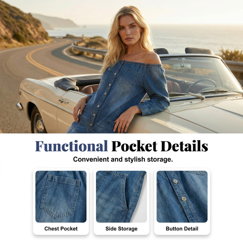 📢📢40% OFF !! ⏰Off-Shoulder Wide-Leg Denim Jumpsuit