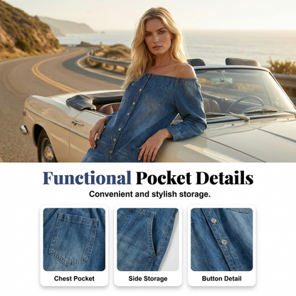 📢📢40% OFF !! ⏰Off-Shoulder Wide-Leg Denim Jumpsuit