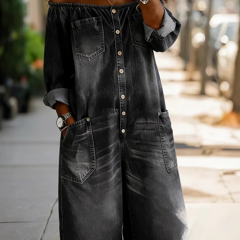 📢📢40% OFF !! ⏰Off-Shoulder Wide-Leg Denim Jumpsuit