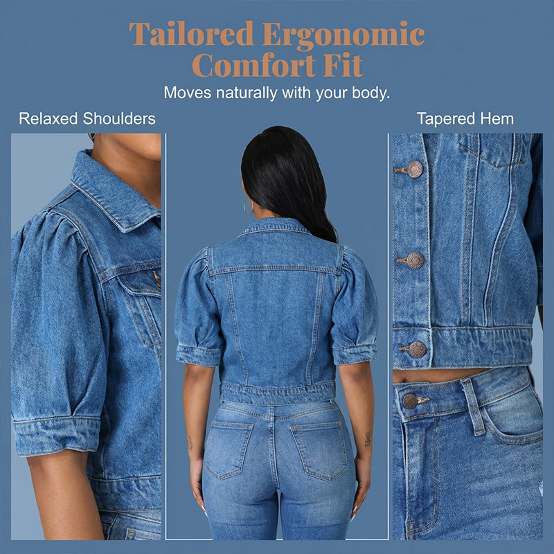 📢📢30% OFF !! ⏰Women's Puff Short Sleeve Cropped Denim Jacket