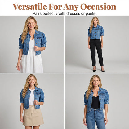 📢📢30% OFF !! ⏰Women's Puff Short Sleeve Cropped Denim Jacket