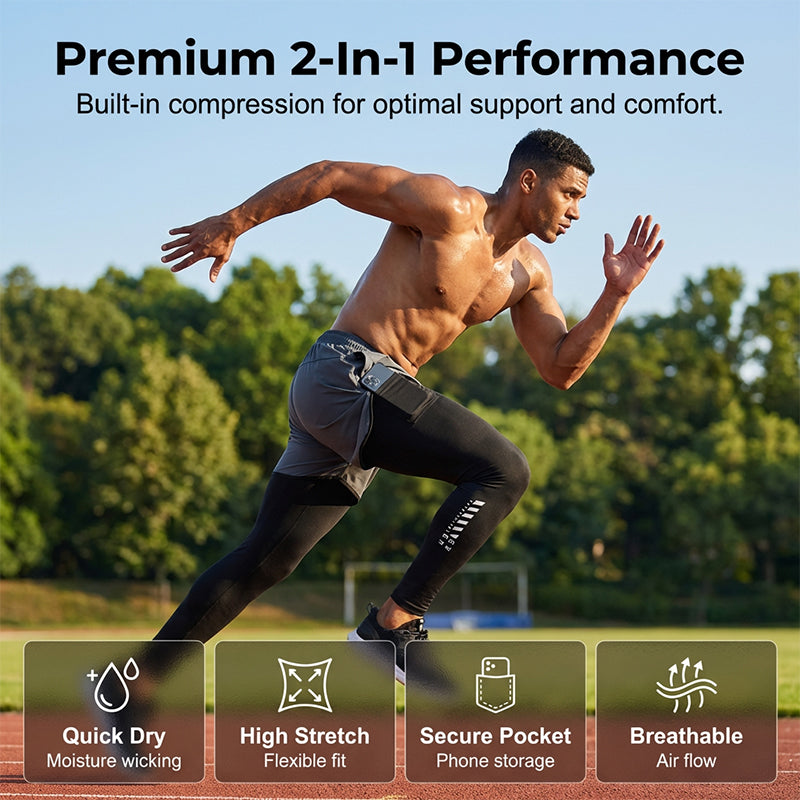 🏃‍♂️ LIMITED-TIME 40% OFF! ✨ Men's 2-in-1 Running Tights with Shorts – Compression, Quick-Dry ✨