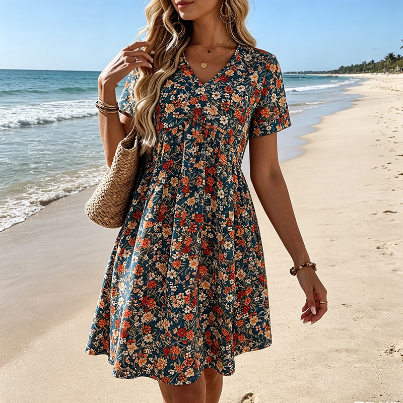 👗Women's Summer Floral V-Neck Short Sleeve Dress🌸