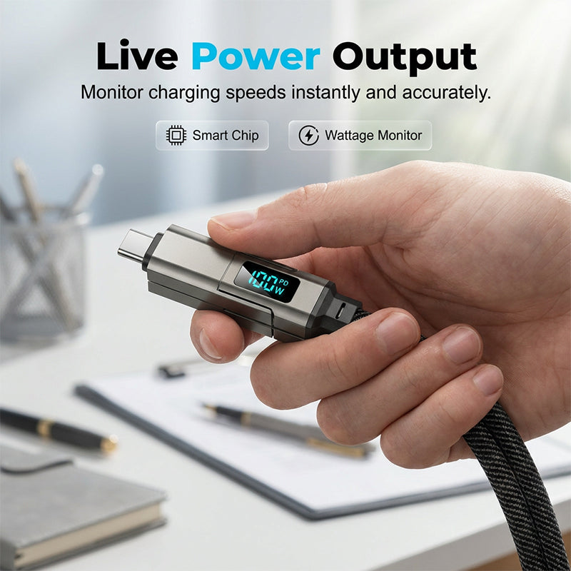 🔥🔌 4-in-1 Charging Cable with Digital Display & Keychain – Fast-Charging, Kink-Resistant & Compact