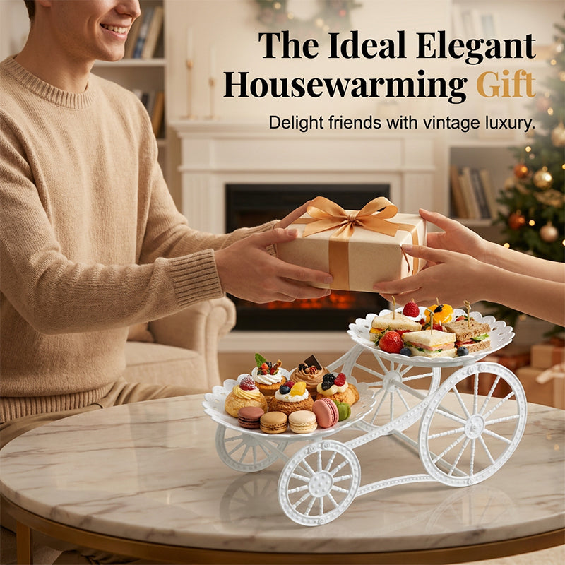 📢📢30% OFF !! ⏰Two-Tier Carriage Serving Stand 🍰 Roll It Anywhere, Serve in Style – Two Spacious Tiers & Smooth Wheels ✨