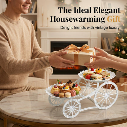📢📢30% OFF !! ⏰Two-Tier Carriage Serving Stand 🍰 Roll It Anywhere, Serve in Style – Two Spacious Tiers & Smooth Wheels ✨