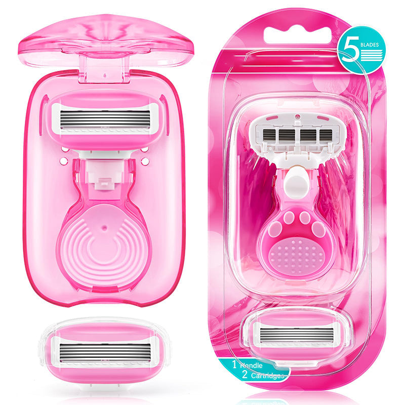 💥Up to 49% off！Buy one get one free💥Women’s Travel Razor with Case 🐾 – 5-Blade, 360° Lubrication, 60° Pivoting Head, Cute Cat Paw Non-Slip Handle, Mini Portable Size