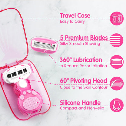 💥Up to 49% off！Buy one get one free💥Women’s Travel Razor with Case 🐾 – 5-Blade, 360° Lubrication, 60° Pivoting Head, Cute Cat Paw Non-Slip Handle, Mini Portable Size