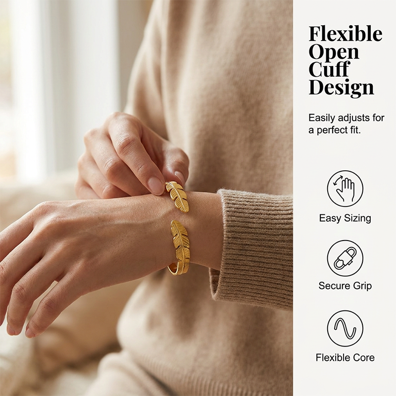 🌸 50% OFF NOW! 🌸18K Gold Plated Leaf Open Cuff Bracelet | Adjustable Stainless Steel Nature Bangle for Women