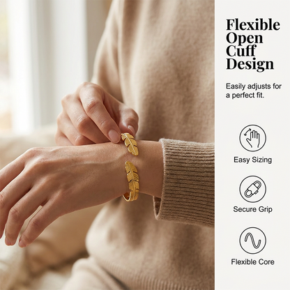 🌸 50% OFF NOW! 🌸18K Gold Plated Leaf Open Cuff Bracelet | Adjustable Stainless Steel Nature Bangle for Women