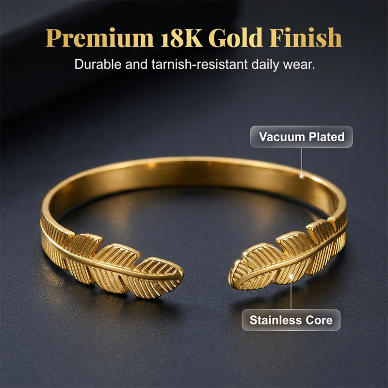 🌸 50% OFF NOW! 🌸18K Gold Plated Leaf Open Cuff Bracelet | Adjustable Stainless Steel Nature Bangle for Women