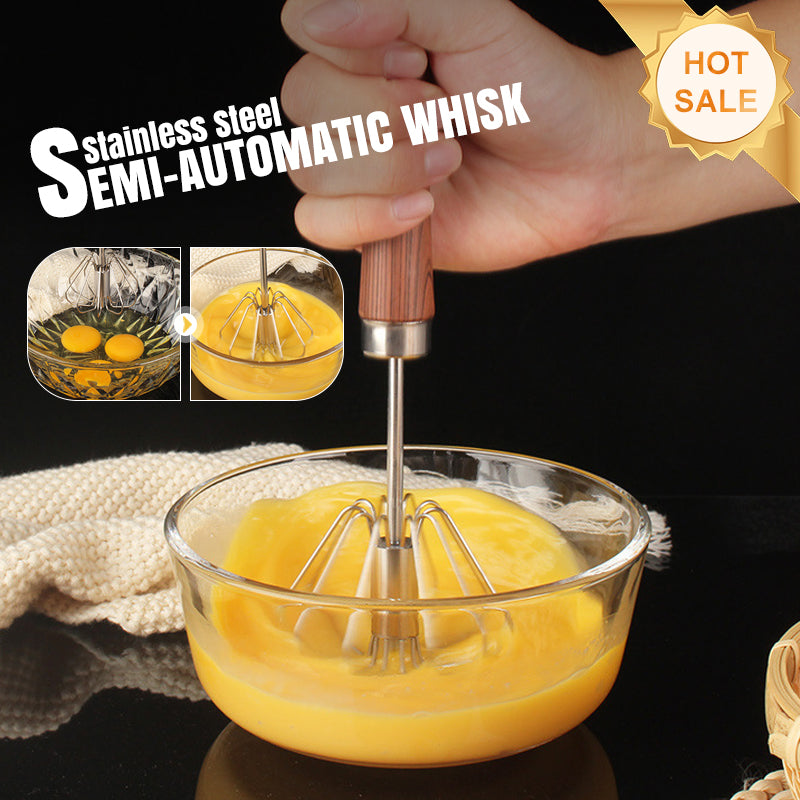 🔥Stainless Steel Semi-Automatic Whisk with Wooden Handle