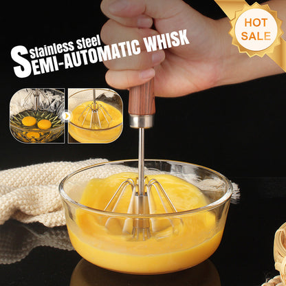 🔥Stainless Steel Semi-Automatic Whisk with Wooden Handle