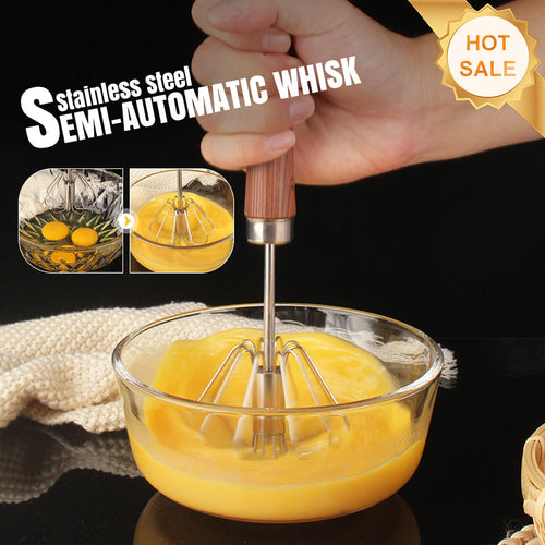 🔥Stainless Steel Semi-Automatic Whisk with Wooden Handle