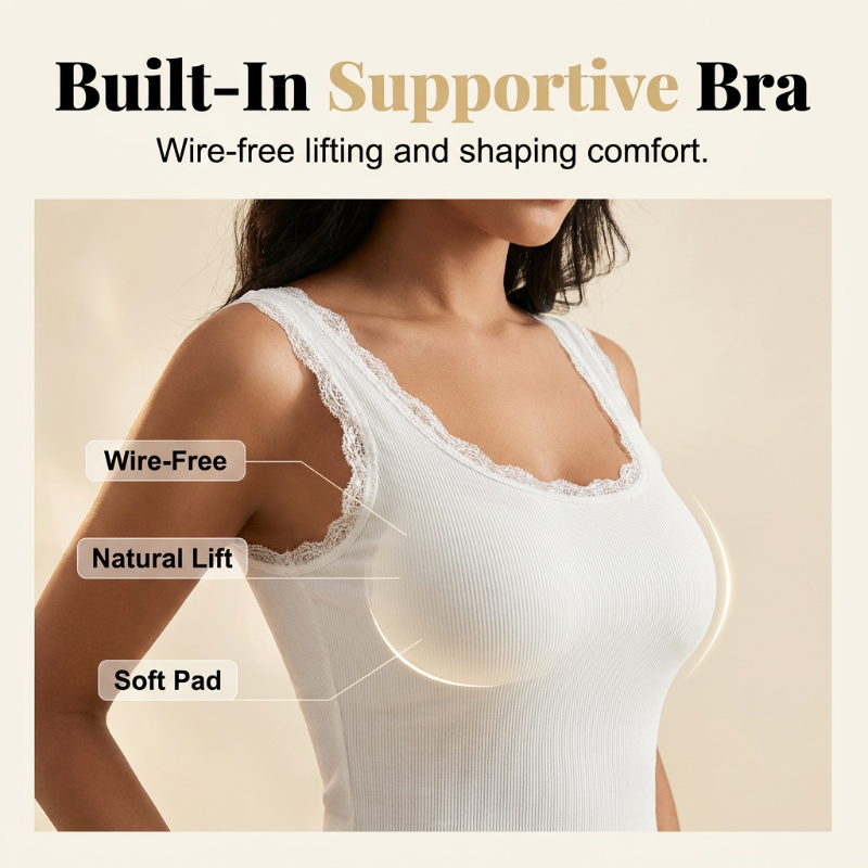 📢📢49% OFF !! ⏰Women's Slim Fit Sleeveless Top Ribbed Cami with Built-in Cups and Lace
