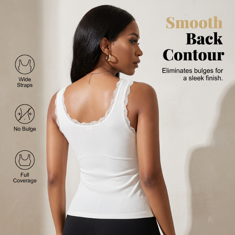 📢📢49% OFF !! ⏰Women's Slim Fit Sleeveless Top Ribbed Cami with Built-in Cups and Lace