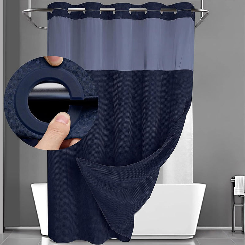 🚿 LIMITED-TIME 30% OFF! ✨ Waffle Pattern Shower Curtain – Double Waterproof, Snap Buttons, Clear Top Window 🛁