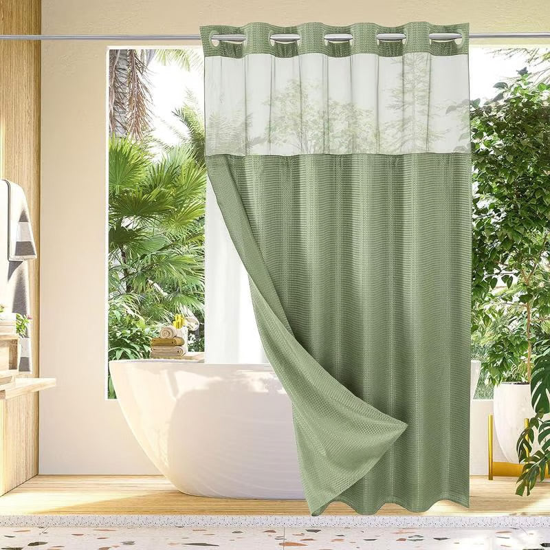 🚿 LIMITED-TIME 30% OFF! ✨ Waffle Pattern Shower Curtain – Double Waterproof, Snap Buttons, Clear Top Window 🛁