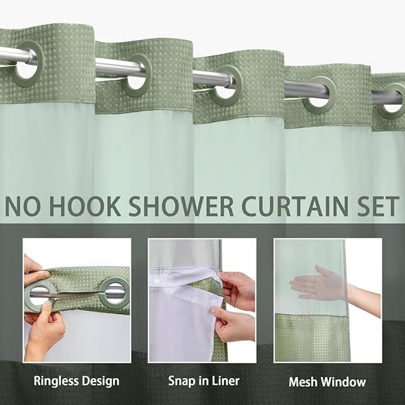 🚿 LIMITED-TIME 30% OFF! ✨ Waffle Pattern Shower Curtain – Double Waterproof, Snap Buttons, Clear Top Window 🛁