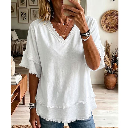 💖Women's Boho V-Neck T-Shirt with Frayed Edges 🌿 – Loose Fit, Breathable Summer Top in Soft Cotton👚