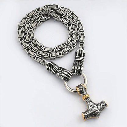 Viking Thor Hammer Pendant Necklace – Stainless Steel Byzantine Chain